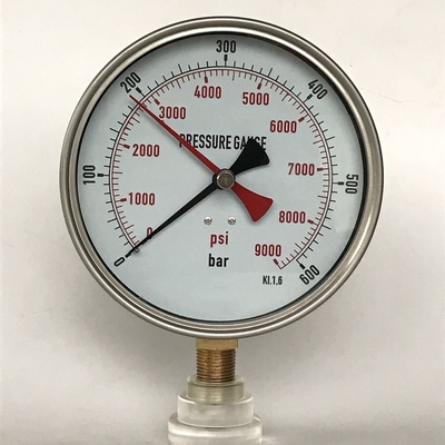 مقياس ضغط من الفولاذ المقاوم للصدأ 9000 Psi 600 بار 150 مللي متر مؤشر ذاكرة أحمر مقياس الضغط KL 1.6